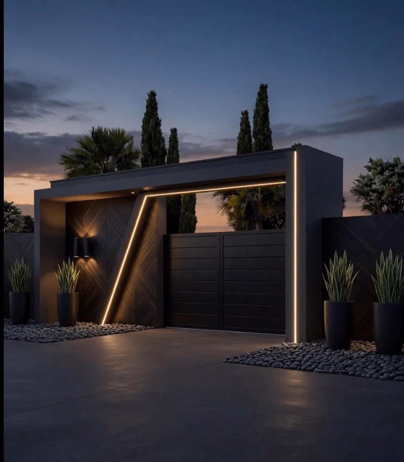 Acceso y portón de vivienda con revestimiento de madera e iluminación lineal LED al anochecer