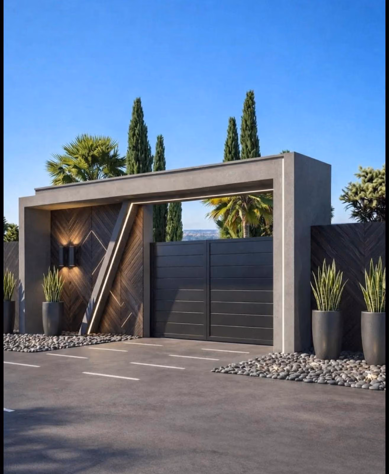 Acceso y portón de vivienda con revestimiento de madera e iluminación lineal LED de día