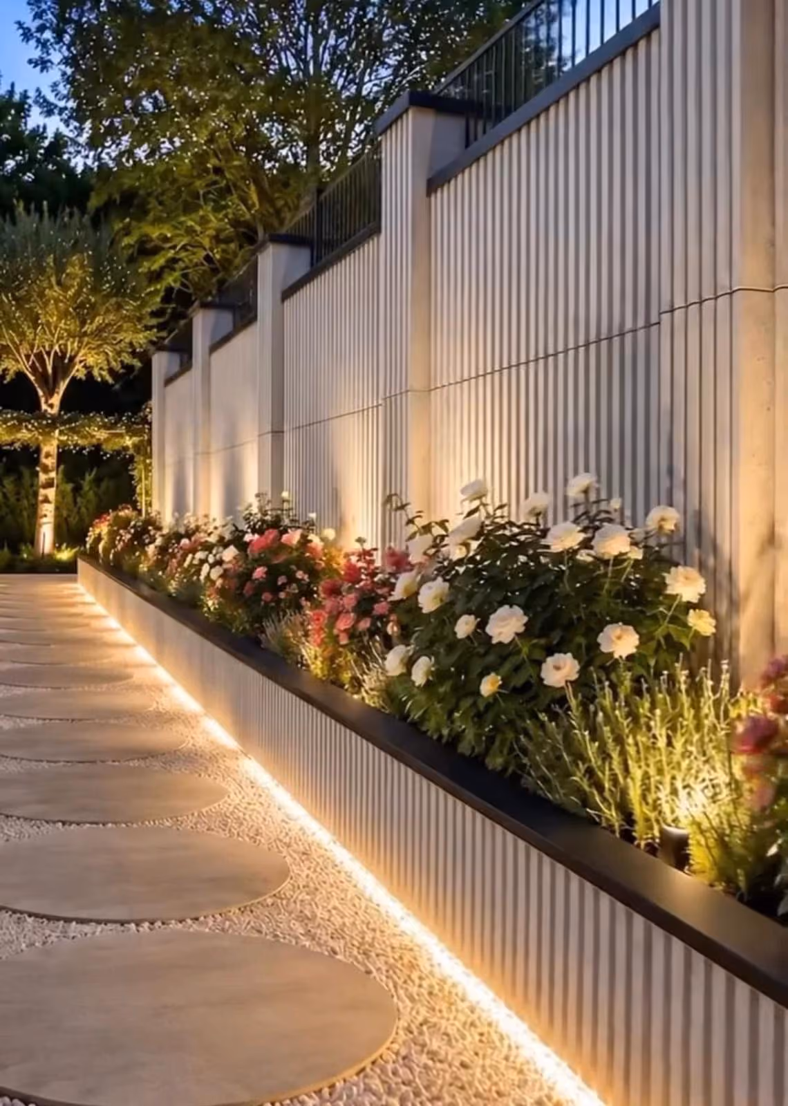Senda de piedras circulares junto a parterre de rosas con iluminación LED integrada al anochecer