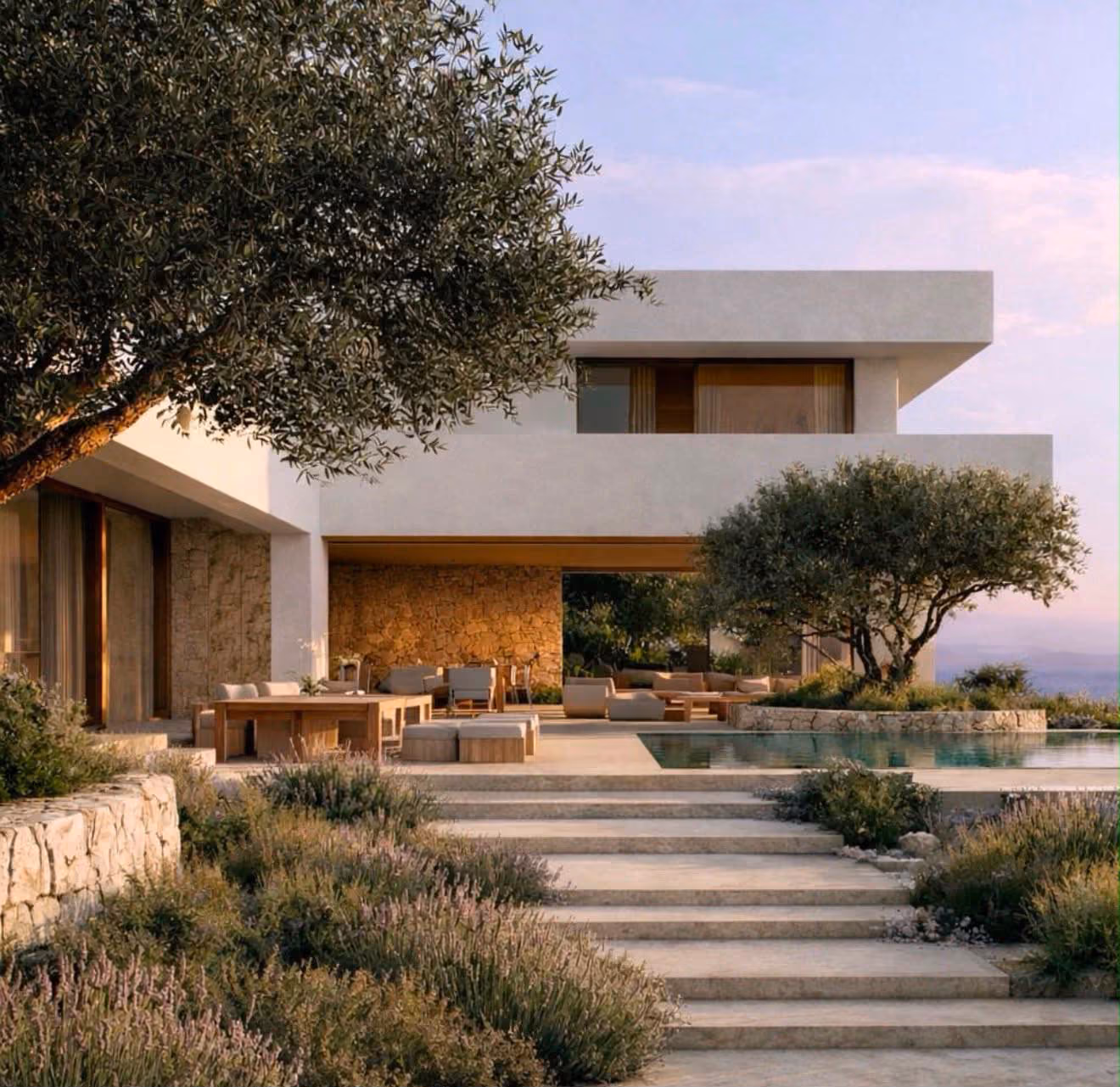 Vivienda entre olivos con escalinata y piscina infinita