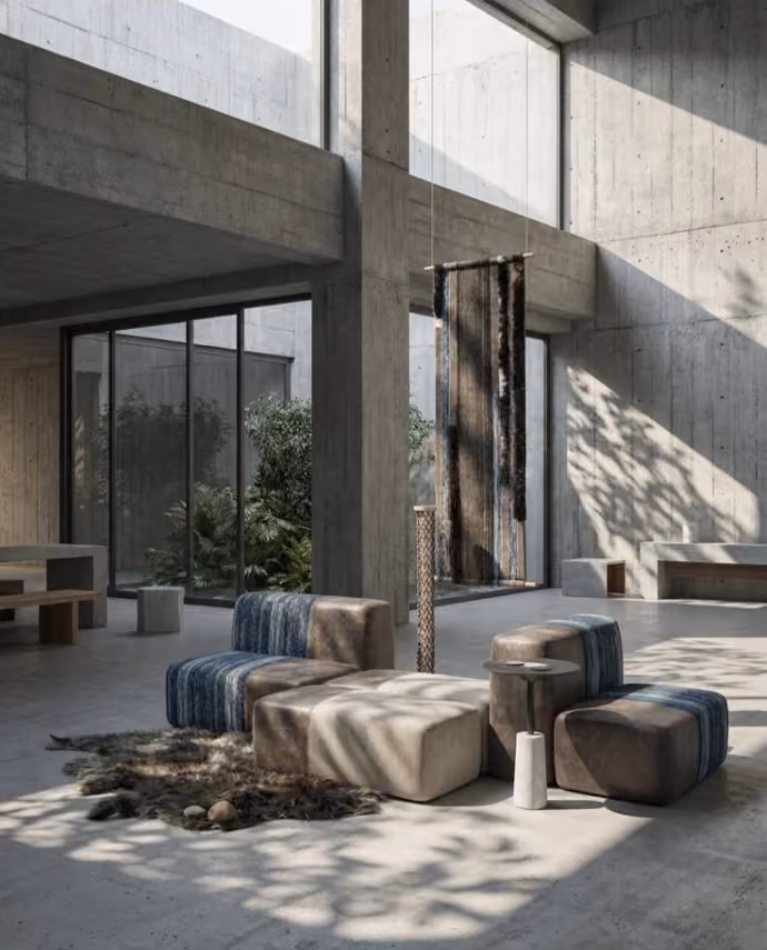 Espacio comercial en hormigón visto con zona de asientos modulares, tapiz textil colgante y patio interior