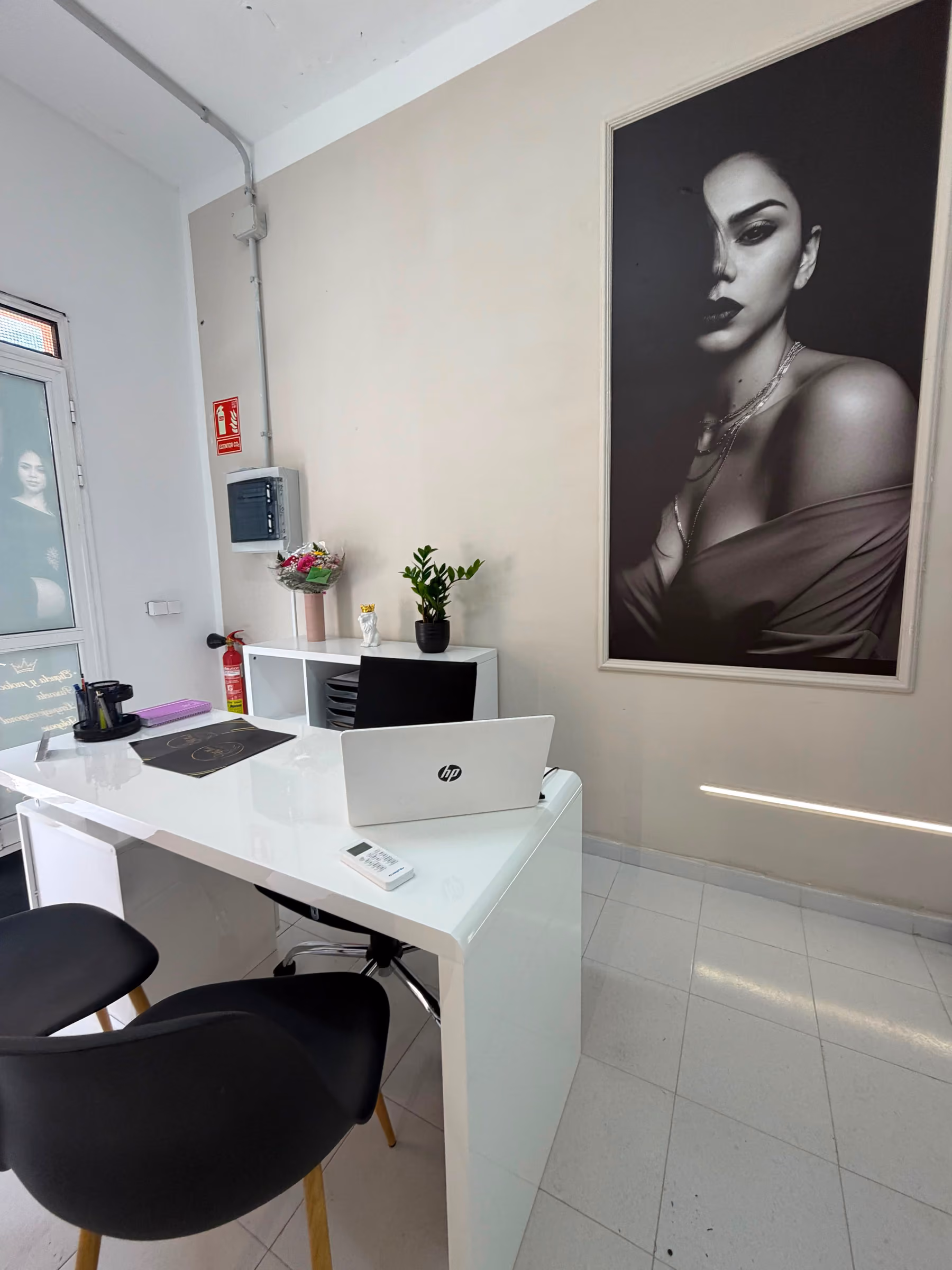 Recepción con escritorio blanco, retrato de gran formato y perfil de luz LED en pared