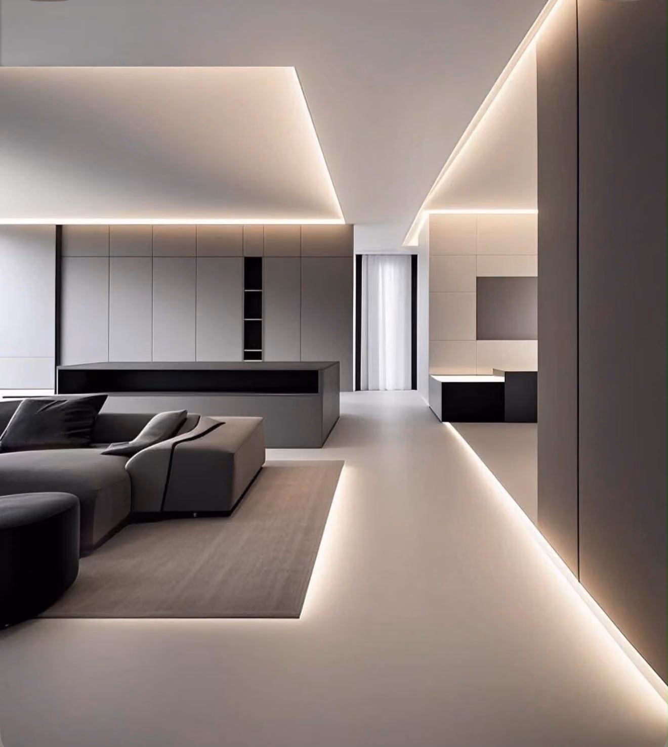 Salón minimalista con mueble bajo, televisor integrado e iluminación lineal perimetral