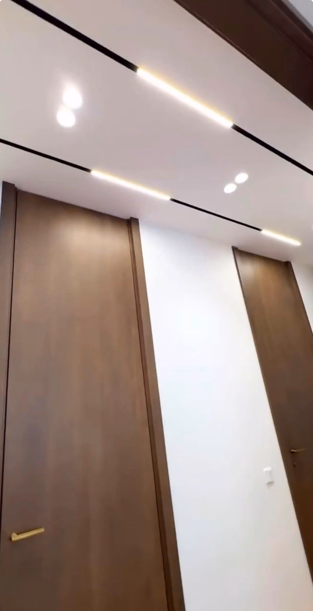 Pasillo de vestidor con puertas en madera y tiradores en latón